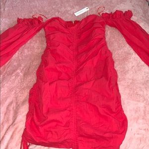 red blouse dress off the shoulder